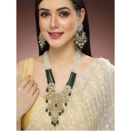 Karatcart Gold Plated Green Drop Beads Kundan Rani Haar Necklace Set for Women-picture-12