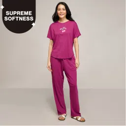 Nykd By Nykaa Buttery Soft Modal Cotton Pyjama Coord Set With Round Neck Graphic Tee Nys932 Wine-picture-17