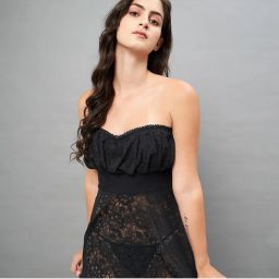 Secrets By ZeroKaata Women Self Design Strapless Lace Baby Doll Lingerie - Black-picture-7