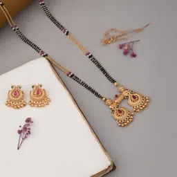 TKRB SALES Gold-Plated Artificial Stones Studded & Beaded Vati Mangalsutra With Earrings-picture-40