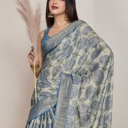 Ethnielle Floral Printed Zari Tissue Mysore Silk Saree-23