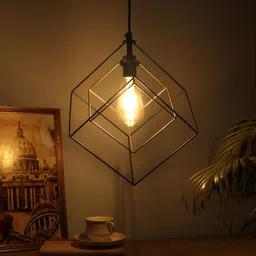 Two Moustaches Black & Gold-Toned Textured Double Cube Shaped Hanging Ceiling Lamp image 3