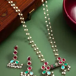 Anouk Silver Plated Kundan Stone Studded & Beaded Jewellery Set-image-41