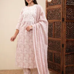 Vishudh Women Embroidered Regular Pure Cotton Kurta with Trousers & With Dupatta-picture-12