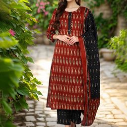 KALINI Ikat Abstract Printed Round Neck Straight Kurta with Trouser & Dupatta-1