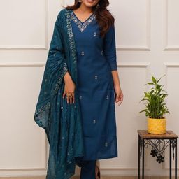 KALINI Floral Embroidered V-Neck Straight Kurta With Trousers & Dupatta-29