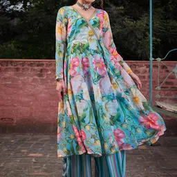 Shae by SASSAFRAS Floral Printed Thread Work Angrakha Georgette Kurta With Palazzos-40
