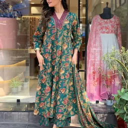 KALINI Floral Printed V-Neck Anarkali Kurta with Trousers & Dupatta-image-69