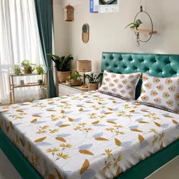 KLOTTHE Cream And Blue Floral Printed Cotton 400 TC Double Bedsheet Set 2.50 m x 2.20 m-image-49