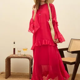 SASSAFRAS Women Layered Bell Sleeve Georgette Maxi Dress-image-99