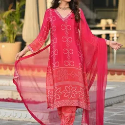 Navlik Bandhani Printed V-Neck Mirror Work Straight Kurta With Trousers & Dupatta-11