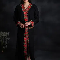 Exotic India Black-Onyx Aari Hand-Embroidered Flowers Kashmiri Robe From Kashmir-image-90