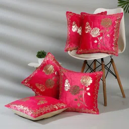 NISRAG HOME Pink & Gold-Toned Set of 5 Floral Square Cushion Covers-image-55
