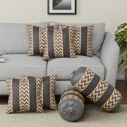 Aura Grey & Gold-Toned 7 Pieces Square Cushion & Bolster Covers-12
