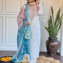 Anouk Women Ethnic Motifs Embroidered Regular Thread Work Kurti with Trousers & With Dupatta image 2