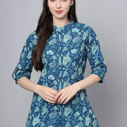 BAESD Floral Print Mandarin Collar Roll-Up Sleeves Ethnic Cotton Top-picture-36