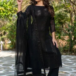 HERE&NOW Women Ethnic Motifs Embroidered Regular Sequinned Kurta with Trousers & With Dupatta-picture-2
