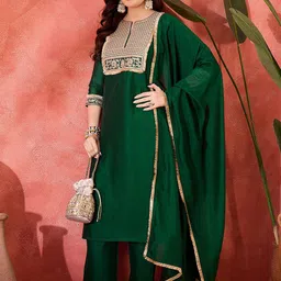 Sangria Zari & Sequin Cording Embroidered Straight Kurta & Trousers With Dupatta-21