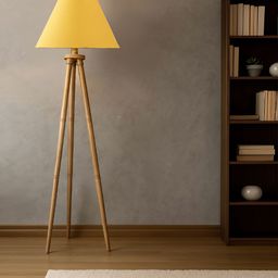 Devansh Yellow cotton Drum shade with Wooden Tripod Lamp-picture-2