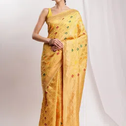 Janasya Geometric Woven Design Jacquard Banarasi Saree with Blouse Piece-image-49