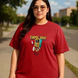 JUNEBERRY Women Red Printed Round Neck Pure Cotton Plus Size Tshirt-image-17