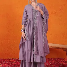 Sangria Embellished V-Neck Kurta, Trouser & Dupatta Set-image-71