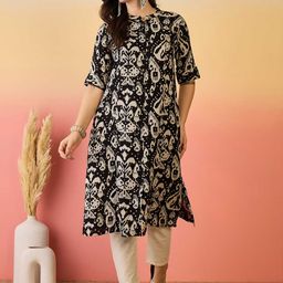 Sangria Black Ikat Printed High Slit Mandarin Collar Roll-Up Sleeves A-line Kurta-41