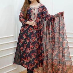 DIVASTRI Floral Printed Round Neck Straight Kurta With Trousers And Dupatta-image-60