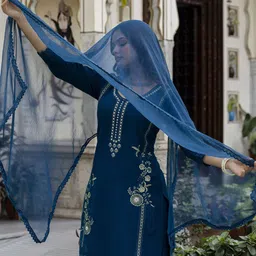Anouk Blue Floral Embroidered V-Neck Cotton Silk Straight Kurta With Trouser & Dupatta-picture-15