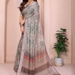 vj fashion Brown Linen Blend Printed Sarees-image-98