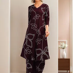 Banwaree Floral Printed V-Neck Sequinned Pure Cotton A-Line Kurta with Palazzos-12