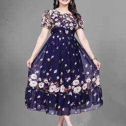 KRISHTI CREATION Women Floral Print Puff Sleeve Georgette Fit & Flare Maxi Dress-picture-5