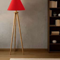 Devansh Red cotton Drum shade with Wooden Tripod Lamp-picture-1