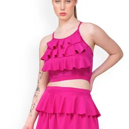 TOMKOT Shoulder Strap Neck Padded Ruffle Detail Two-Piece Swimming Dress-image-21