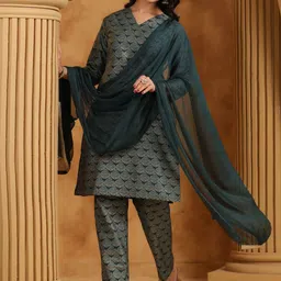 Span Women Ethnic Motifs Printed Regular Pure Silk Kurta with Trousers & With Dupatta image 4
