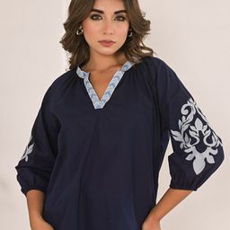 NAVIYATA Women V-Neck Bishop Sleeves Cotton Top With Embroidered Details-image-8