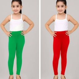 TIK TOK WEARS Girls Pack of 2 Red & Green Plain Cotton Churidar Leggings-picture-5