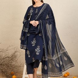 Indo Era Floral Printed Pure Cotton Straight Kurta With Trousers & Dupatta-image-96