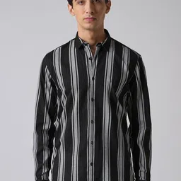 Banana Club Black Vertical Stripe Cotton/Linen Shirt-image-8
