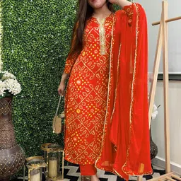 GoSriKi Women Bandhani Printed Regular Kurta with Trousers & With Dupatta-10