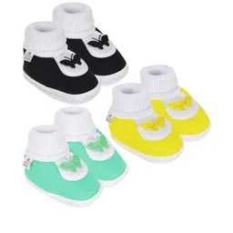 Neska Moda 0 To 6 Month Baby Boy & Girls 3 Pair Set Cotton Butterfly Newborn Skin-Friendly Booties (Toe to Heel Length - 10 cm, Black, Light Green, Yellow)-28