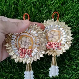Sellplus 2Pcs White & Yellow Textured Small Gota Patch Shubh Labh Hanging Torans-picture-47