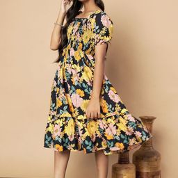 ZWERLON Floral Print Puff Sleeve A-Line Midi Dress-45