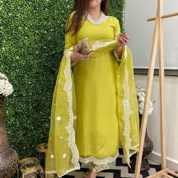 TWINS LADY Thread Work Chanderi Cotton Straight Kurta With Trousers & Dupatta-picture-50