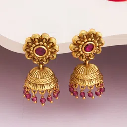 Kushal's Fashion Jewellery Gold-Plated Dome Shaped Ruby Antique Jhumkas Earrings-38