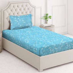 Arrabi Teal Floral 350 TC Single Bedsheet with 1 Pillow Covers-image-64