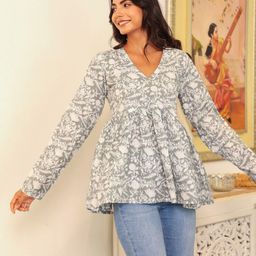 LABEL ADRIJA Floral Printed V-Neck Pure Cotton A-Line Top-image-90