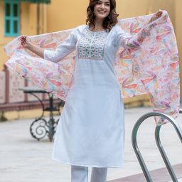 ASPORA Floral Yoke Design Sequinned Chanderi Silk Straight Kurta With Trousers & Dupatta-13