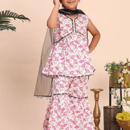 Cutiekins Girls Floral Printed V-Neck Gotta Patti A-Line Kurta With Sharara & Dupatta-picture-26