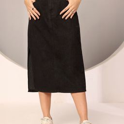 DOLCE CRUDO Straight High Rise Clean Look Stretchable Denim Midi Skirt-picture-33